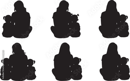 Black Solid Mother Child Back To Back Silhouettes Set of Six on White Background