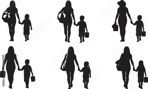 Black Solid Mother Child Beach Gear Silhouettes Set of Six on White Background
