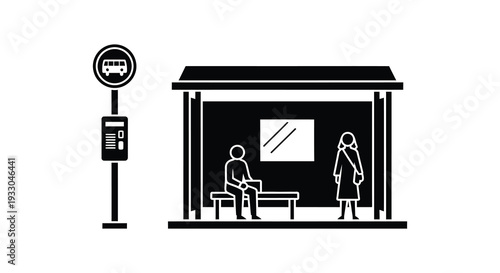 Simple black and white illustration of a bus stop with seated and standing people