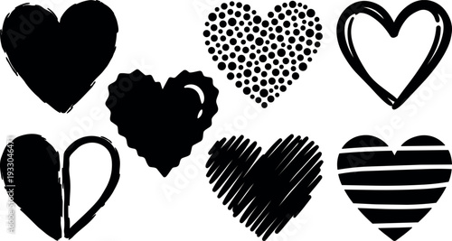 Hand drawn brush heart set eight black ink silhouettes and sketchy outlines for valentines icons and decor sticker print designs