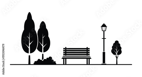 Simple park scene depicting trees a bench and a streetlight in black