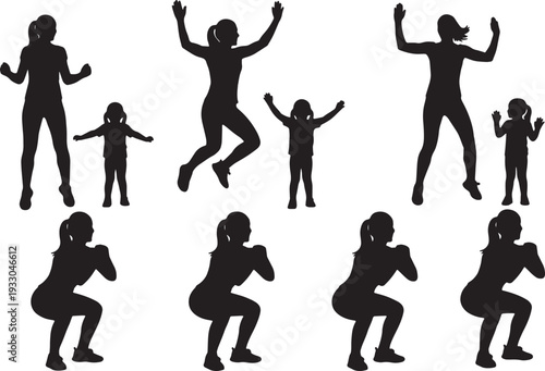 Black Solid Mother Child Exercising Silhouettes Set of Six on White Background