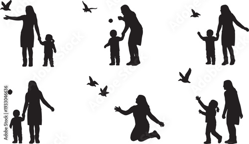 Black Solid Mother Child Feeding Birds Silhouettes Set of Six on White Background