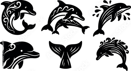 Tattoo flash decorative dolphin set showing curled swirls and jumping pair with tail closeup splash ornamental ocean black tribal vector