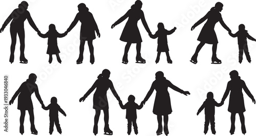 Black Solid Mother Child Ice Skating Silhouettes Set of Six on White Background