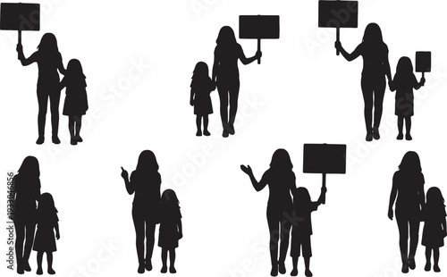 Black Solid Mother Child Holding Sign Silhouettes Set of Six on White Background