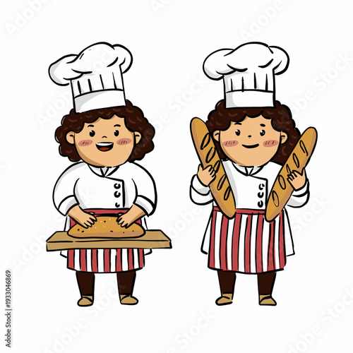 Cute hand drawn vector set of a female baker chef wearing hat and apron, kneading dough and holding fresh baguettes in cartoon style