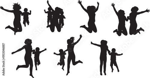 Black Solid Mother Child Jumping Silhouettes Set of Six on White Background