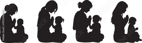 Black Solid Mother Child Meditating Silhouettes Set of Six on White Background