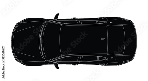 A stark black overhead view showcases the sleek design of a modern automobile presented as a silhouette high quality