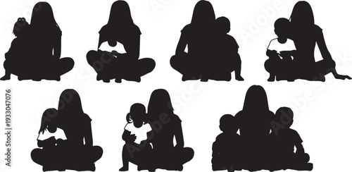 Black Solid Mother Child Watching TV Silhouettes Set of Six on White Background