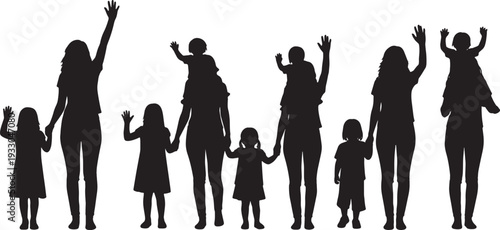 Black Solid Mother Child Waving Silhouettes Set of Six on White Background
