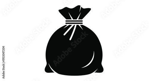 A simple black silhouette of a drawstring bag appearing full and rounded with a tied top silhouette high quality