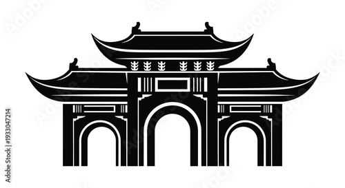 Stylized black and white illustration of a traditional east asian temple gate