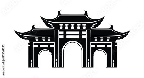 Black and white illustration of a traditional east asian temple gate structure