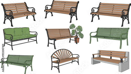 Park bench icon set, wooden and metal seating designs, outdoor furniture vector illustration, decorative garden benches, modern classic public seat collection