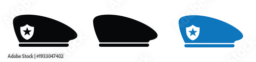 military beret icon set with  star insignia symbols, minimal flat silhouette style army headwear collection for security, defense, tactical, uniform, and emblem design use