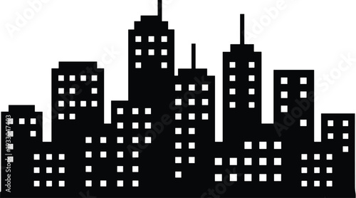 Minimalist black and white city skyline silhouette illustration featuring diverse urban buildings, spires, antennas, and square windows representing modern metropolitan architecture.