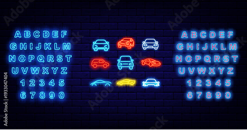 Auto neon labels set. Motor and car. Automobile repair service. Shiny blue alphabet. Light emblem. Editable stroke. Vector stock illustration