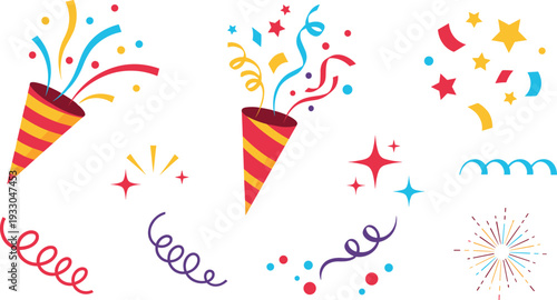 Colorful Party Confetti Set with Poppers, Sparkles, Serpentine Streamers, Stars, and Festive Celebration Elements Vector Design.
