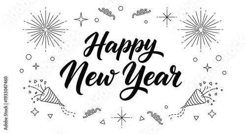 Festive new year illustration with fireworks party horns and elegant calligraphy