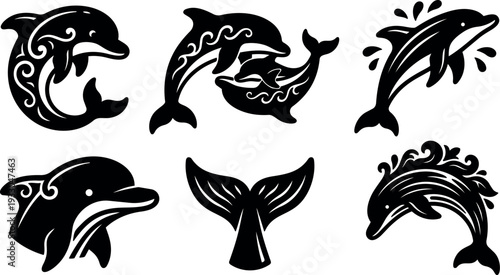 Tattoo flash tribal dolphin vector emblem set in black silhouette with curled wave patterns and jumping poses closeup profile tail