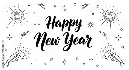 Festive black and white illustration with happy new year text and celebratory elements