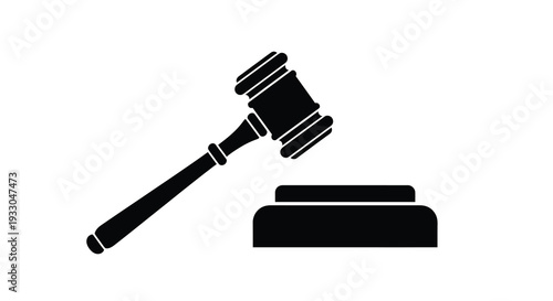 A stark black silhouette of a gavel resting upon a sound block symbolizing justice and legal proceedings silhouette