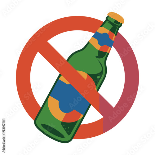 Prohibition symbol with crossed out colorful glass bottle bold red circle with diagonal line strong anti alcohol concept