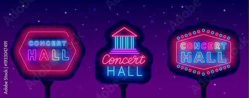 Concert hall neon street billboard. Glowing outdoor advertising. Music talent performance. Vintage frame. Show announcement. Vector stock illustration