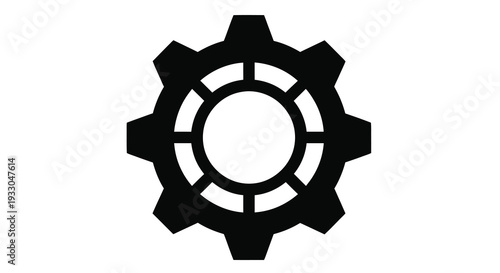 A stark black gear illustration dominates a white background showcasing mechanical precision and industrial design silhouette high quality professional