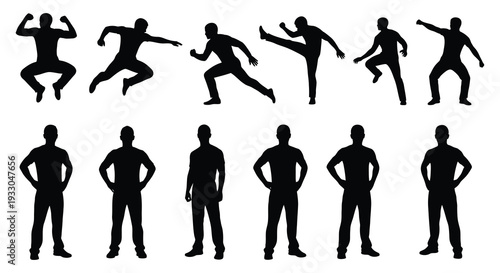 Silhouettes of people in various dynamic and static poses against a white background
