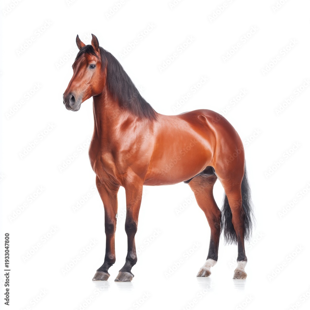 Naklejka premium Majestic chestnut horse standing elegantly on a white background displaying powerful muscles and vibrant coat