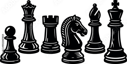 Line art close up of classic chess pieces showing pawn queen rook knight bishop king in bold black vector style