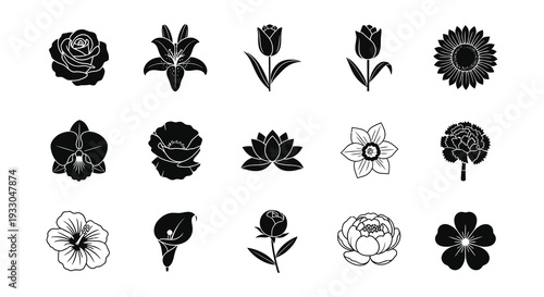 Collection of diverse black and white floral silhouettes arranged in a grid pattern