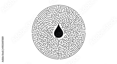 A complex circular maze design with a stark black droplet shape positioned centrally as a distinctive silhouette high quality