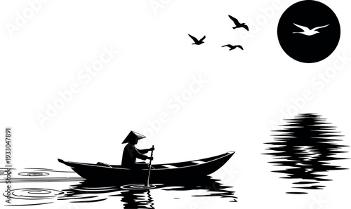 A serene scene of a lone fisherman rowing a boat on a calm lake with birds flying overhead