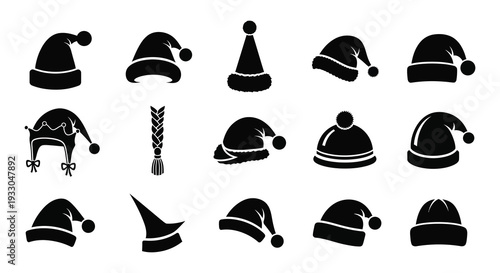 Collection of various black silhouette hats and a wheat stalk illustration