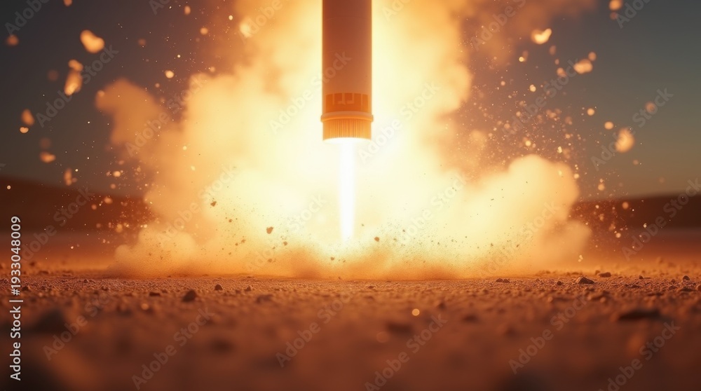 Fototapeta premium Close-up ground-level view of ballistic missile at moment of ignition on launch pad with blinding white flame and sand debris blasting outward in all directions 