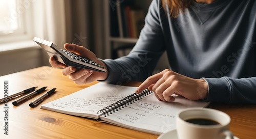Person using calculator and notebook on a wooden desk with a cup of coffee