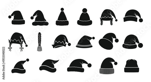 Collection of various black silhouette hats winter festive and traditional styles