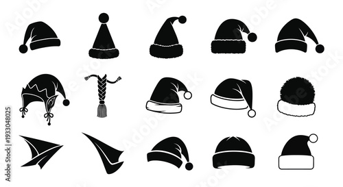 Collection of black silhouette icons depicting various winter hats and festive accessories