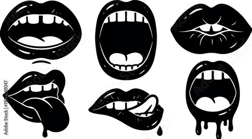 Tattoo flash set of six black lip icons showing varied expressions close up mouths tongue dripping biting playful vector art