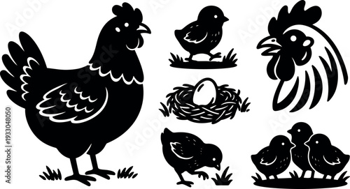 Silhouette vector set of hen rooster chicks and egg in nest with standing hen side view close up grass icon