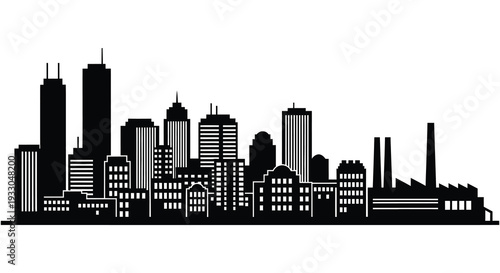 Black and white silhouette of a modern city skyline with numerous skyscrapers