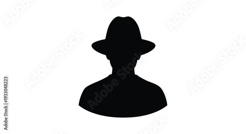 A stark black silhouette of a person wearing a classic fedora hat sharply defined against a white background silhouette