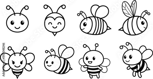 Cute Honeybee Character Set with Smiling Faces, Flying Bees, and Pollinating Insects Illustration in Blue Vector Line Art Style.