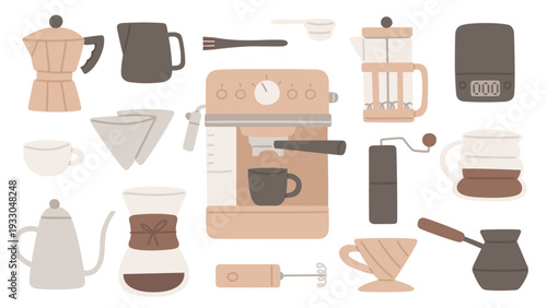 Devices for different coffee brewing methods. Vector illustration set in cartoon flat style. Coffee machine, pour-over, geyser coffee maker, french press, cezve. Equipments for coffee making