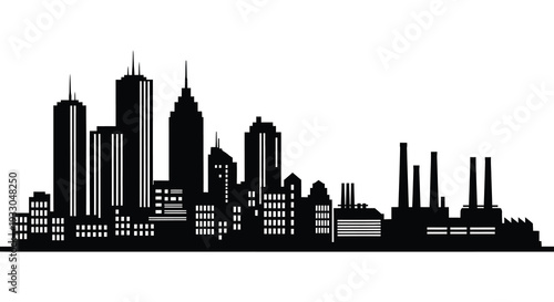 A striking black and white silhouette of a modern city skyline against a white background