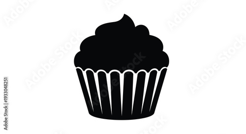 A simple black graphic displays a delicious cupcake with detailed frosting and liner presented as a silhouette high quality